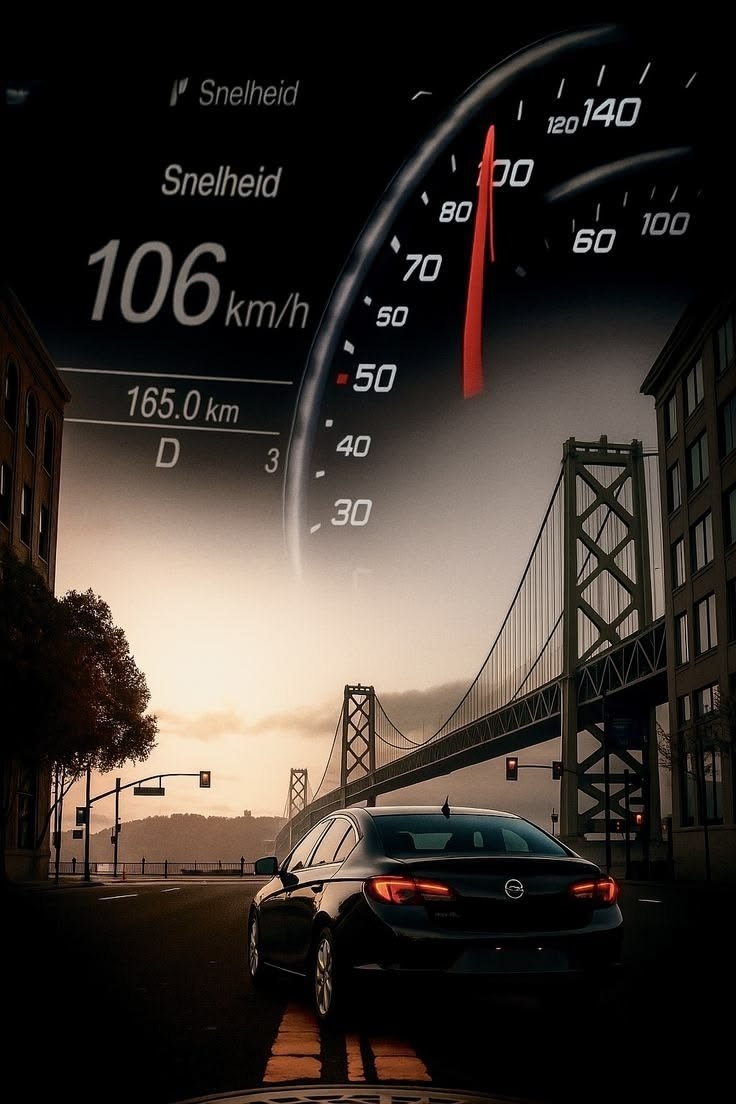 Una obra de arte digital que combina fotografía automotriz fotorrealista con elementos de interfaz gráfica en una escena urbana de crepúsculo cinematográfico