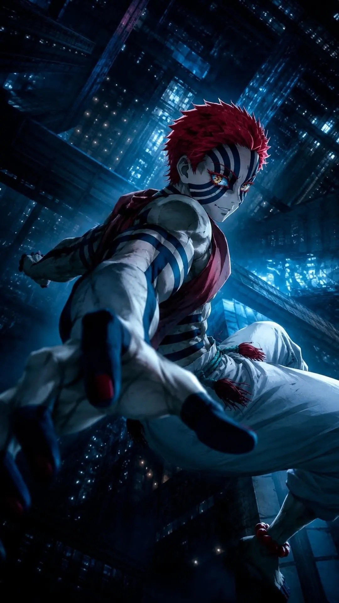 Um personagem de anime renderizado em 3D em uma postura de combate com o corpo torcido e o braço estendido contra uma paisagem urbana vertiginosa