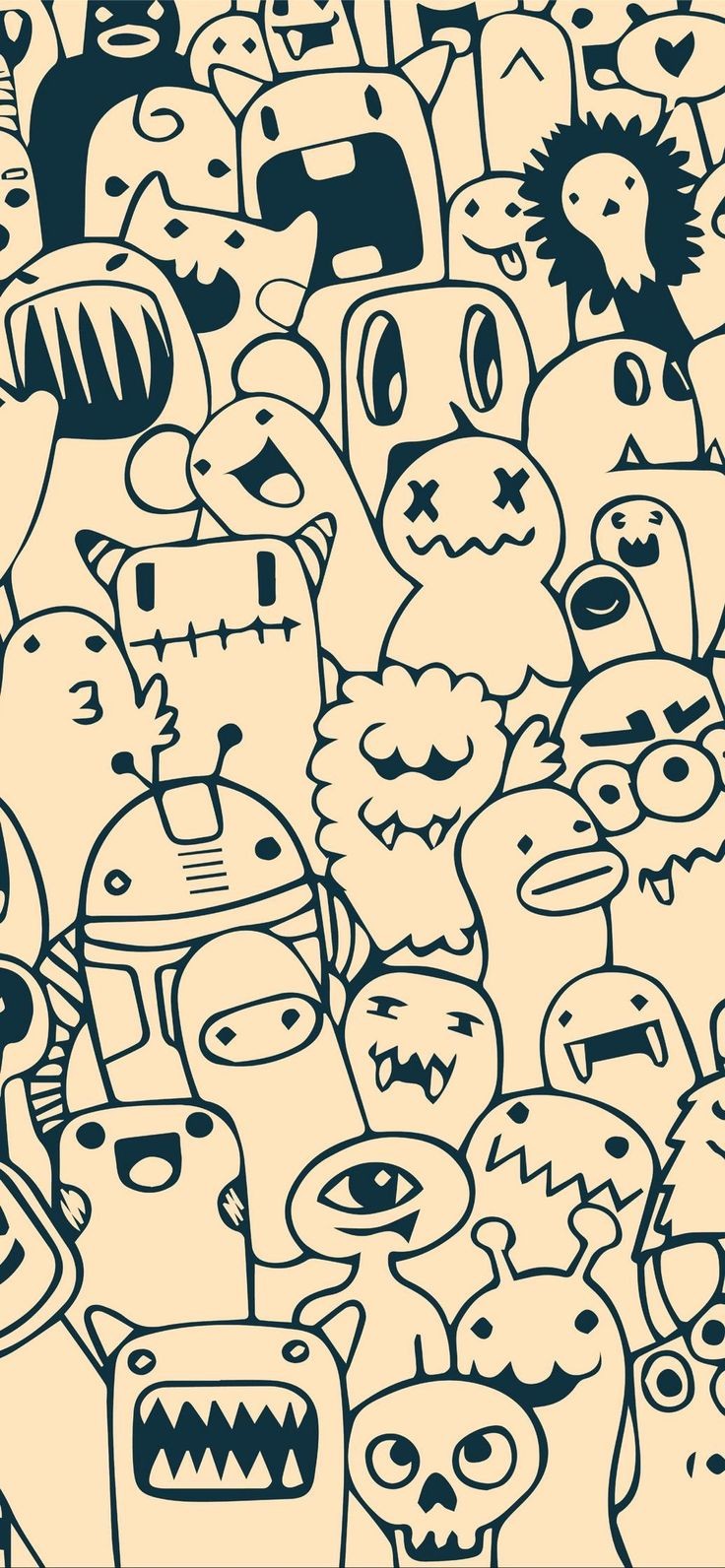 A playful design filled with hand-drawn cartoon monsters in a cream and navy color scheme, expressing a joyful and whimsical atmosphere