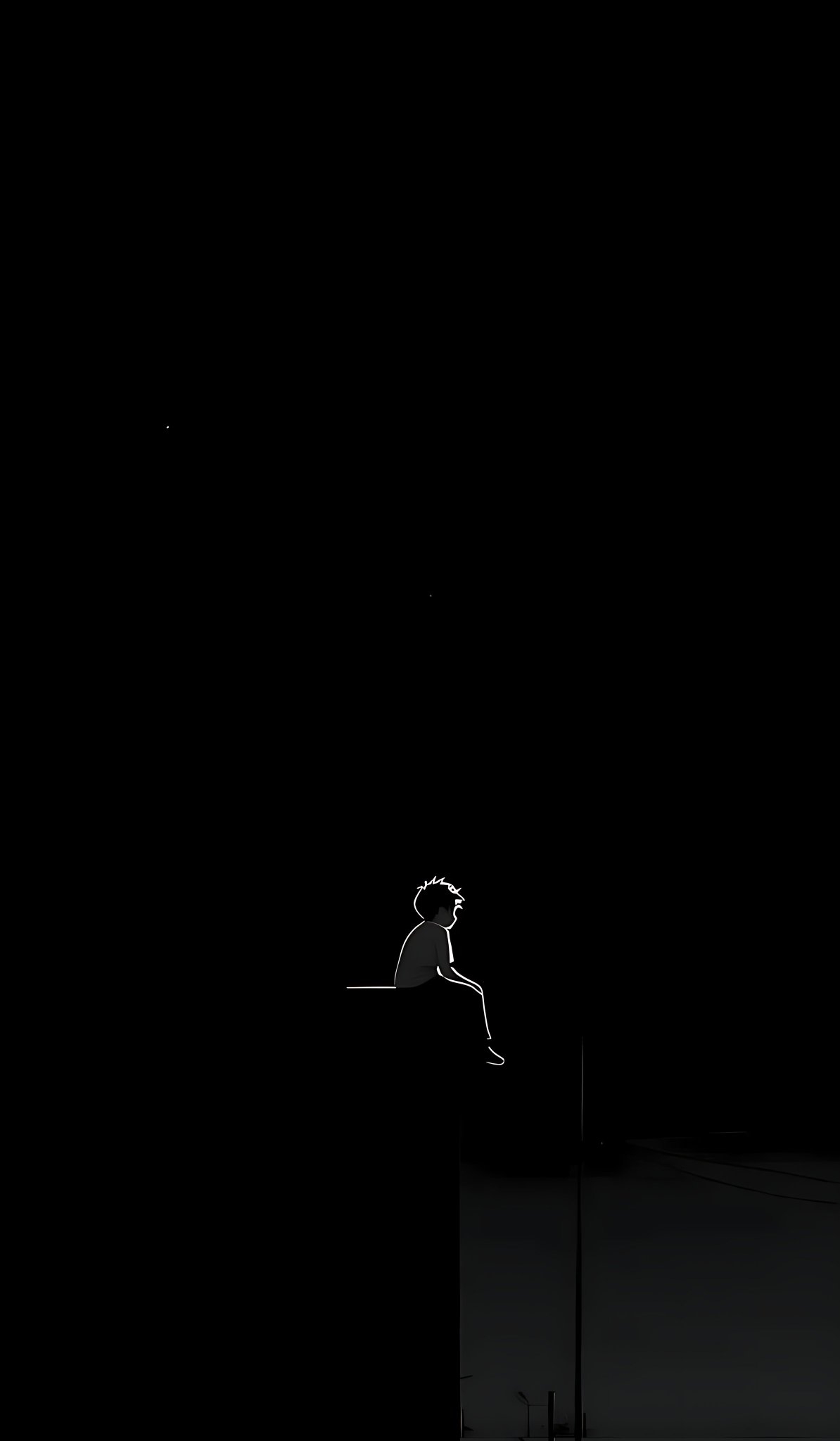 Wallpaper depicting a boy looking up at the starry sky with white lines on a black background
