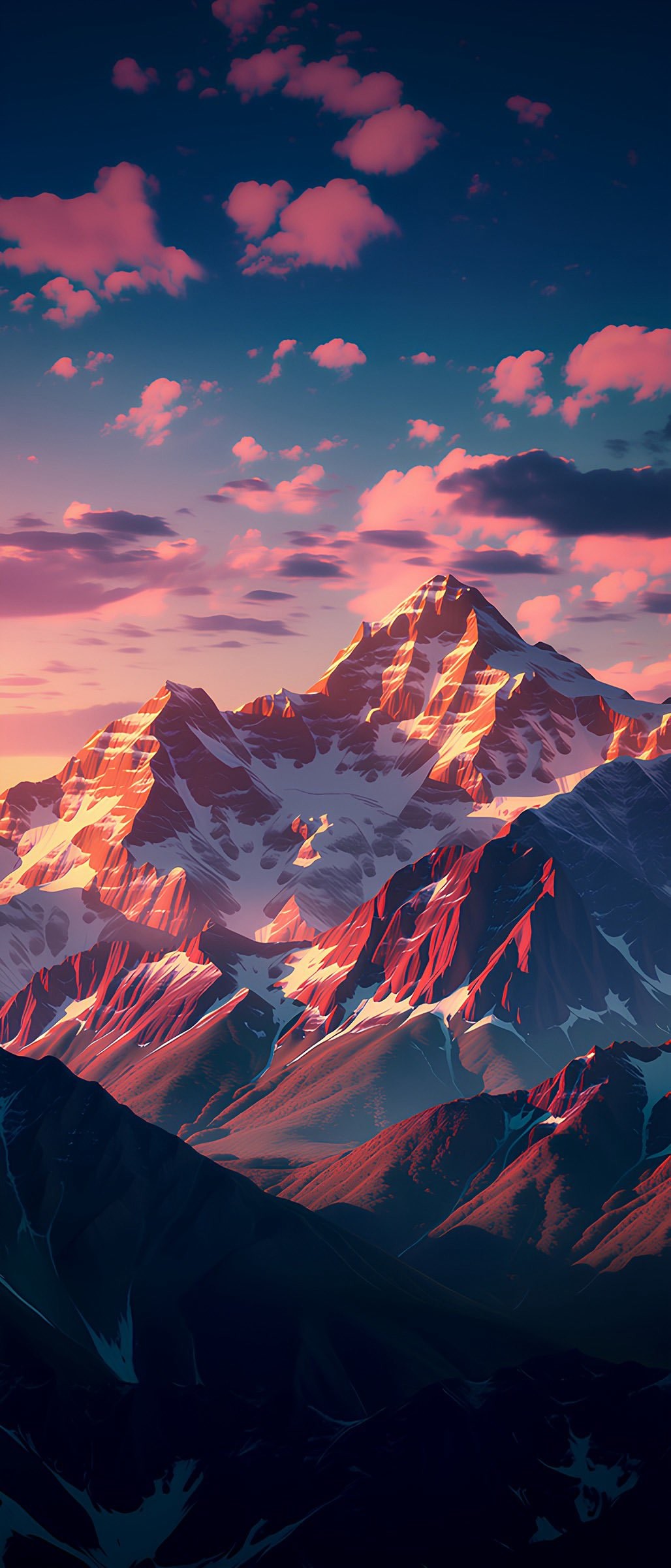 Mountain range at sunset depicted in vintage travel poster style