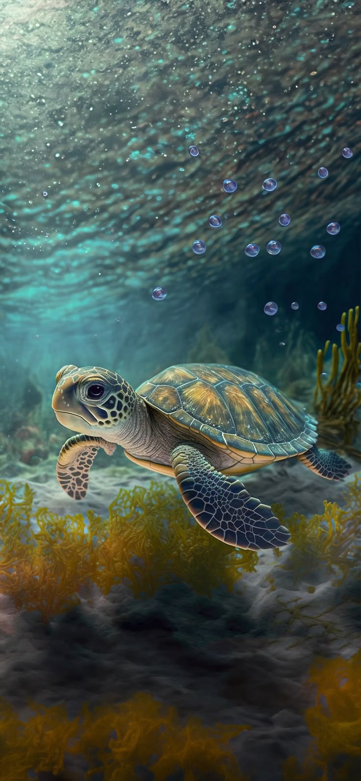 A sea turtle swims gracefully in sunlit ocean water