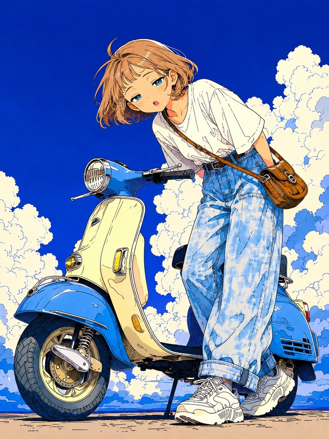 若い女性がレトロなスクーターに寄りかかって、ゆったりとしたジーンズと白いTシャツを着ています