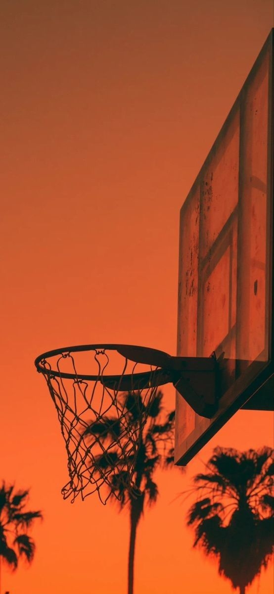 A basketball hoop embodies West Coast lifestyle against a vibrant sky