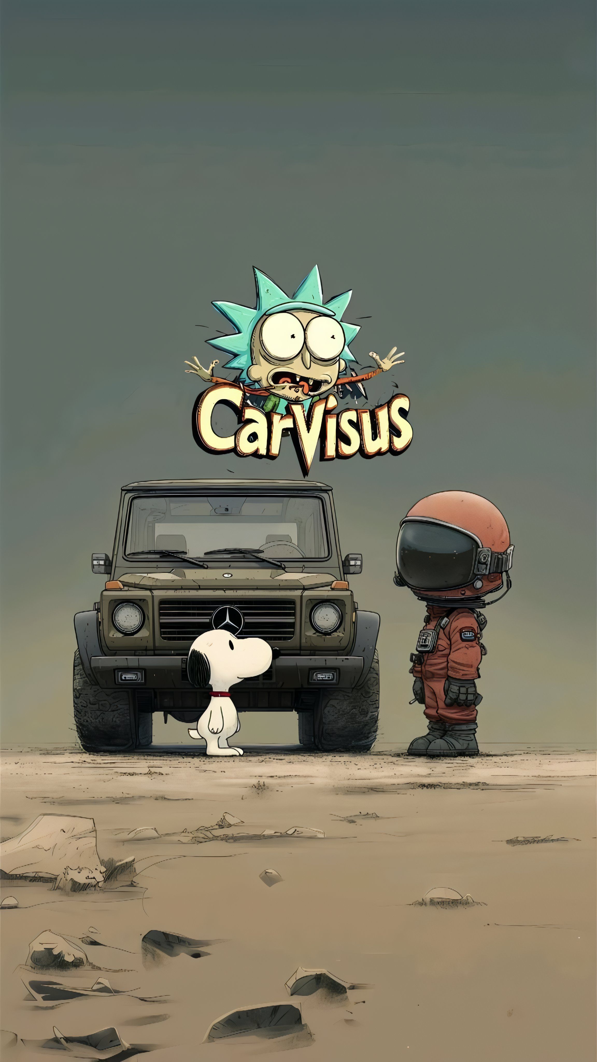 Rick Sanchez hovers above a vintage Mercedes G-Wagon in a desolate desert with Snoopy in front and a small astronaut observing