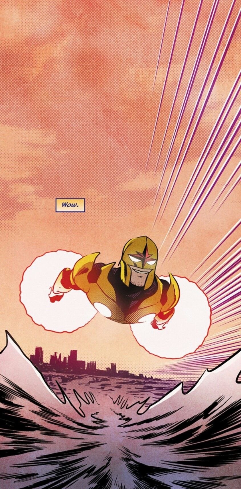 A golden helmet superhero flies over the city