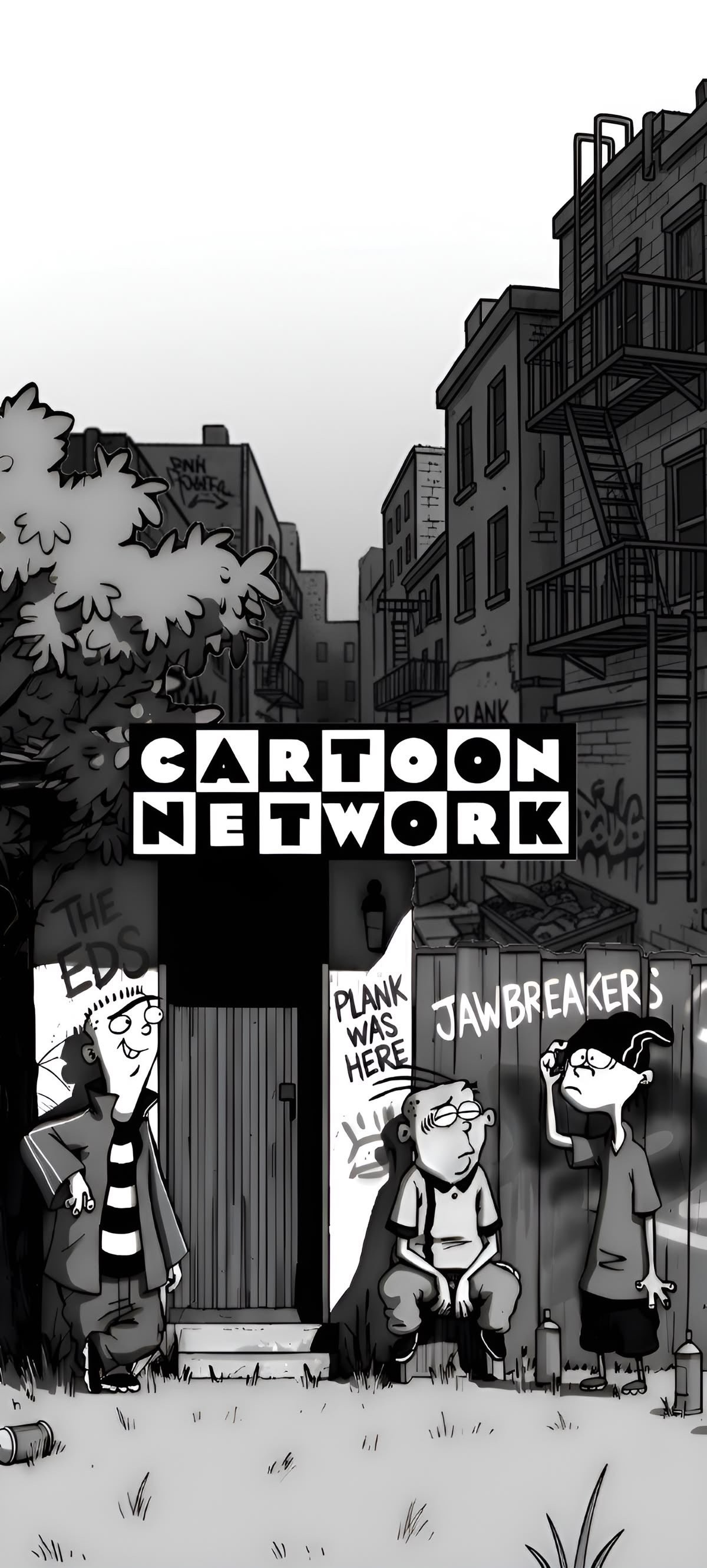 Eine Schwarz-Weiß-Cartoonszene mit drei Jungen in einer städtischen Gasse