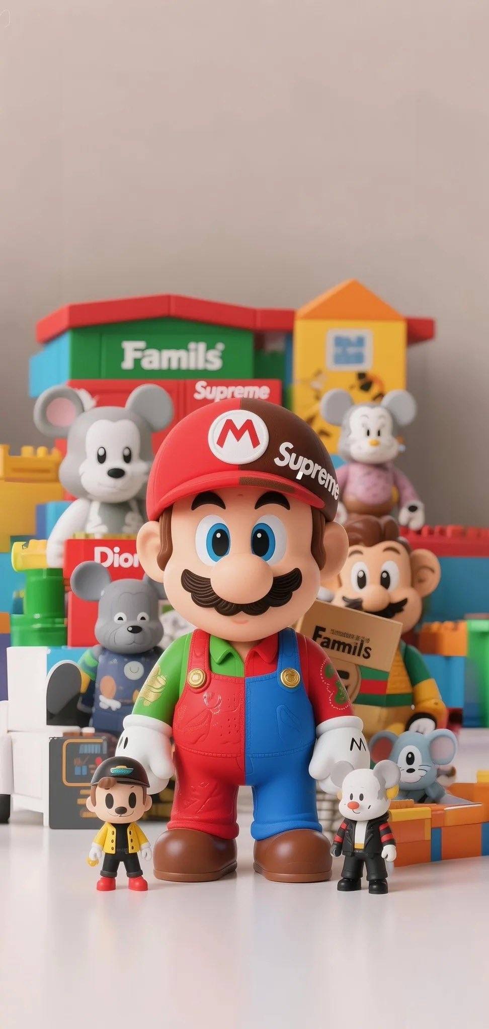 Eine große Mario-Figur steht im Zentrum mit einem Outfit, das in Rot und ein grünes-blaues Patchwork aufgeteilt ist, flankiert von zwei Mini-Figuren, mit Spielzeughäusern und Blöcken, die 'Famils' und 'Supreme' dahinter buchstabieren