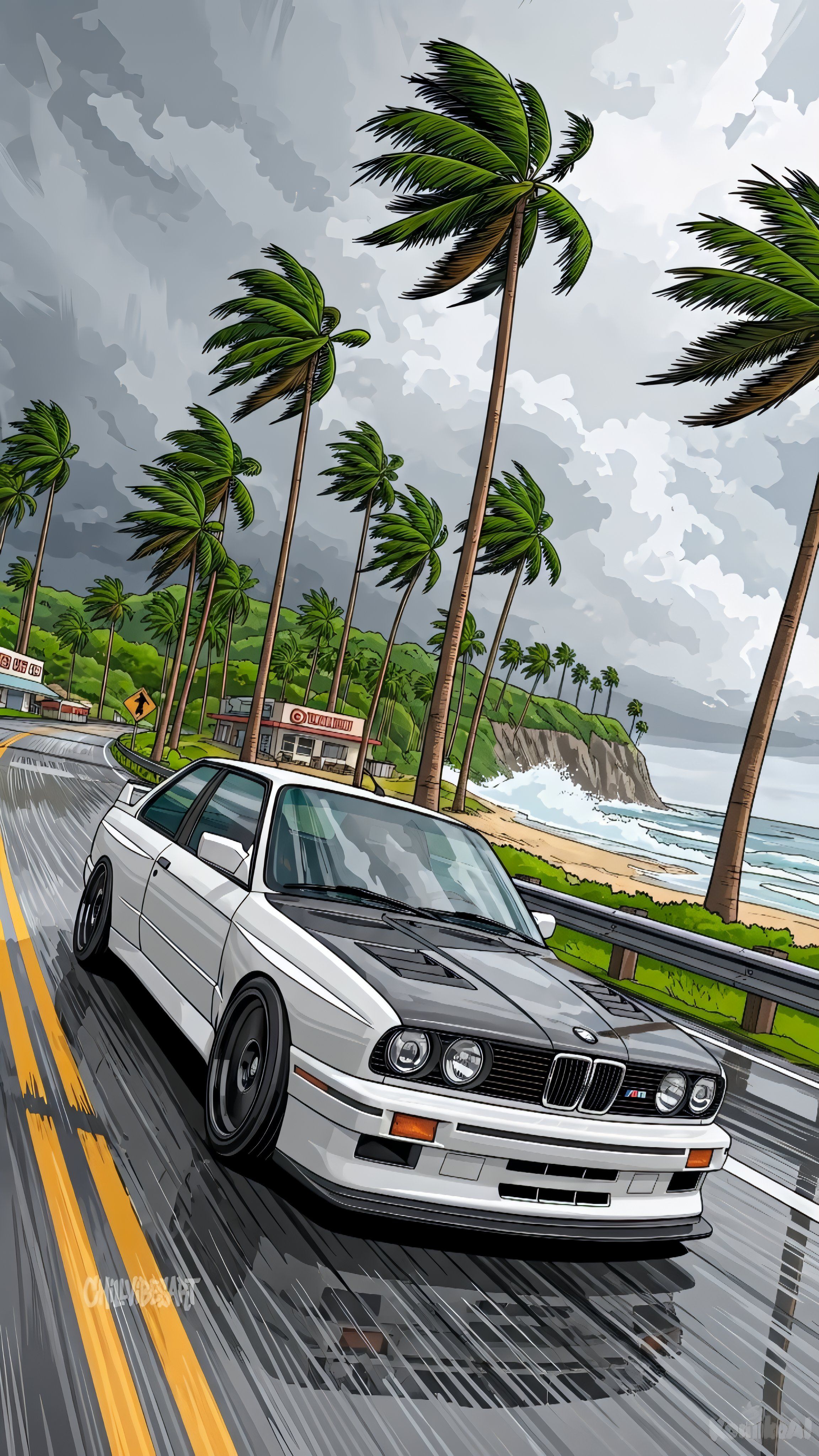 經典白色BMW E30 M3在海濱公路上行駛的插圖