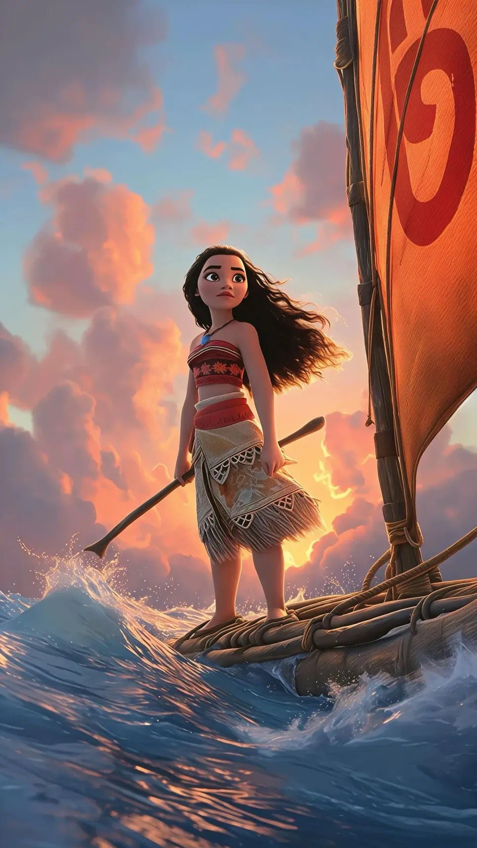 Wallpaper of Moana from Moana standing on a raft holding a paddle