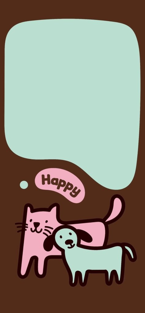 Cartoon style pink cat and light blue dog standing side by side, pink speech bubble with Happy text, large light blue dialog area above. Dark brown background with pink, blue and white, cute and childlike. Subject at bottom with negative space above for text placement.