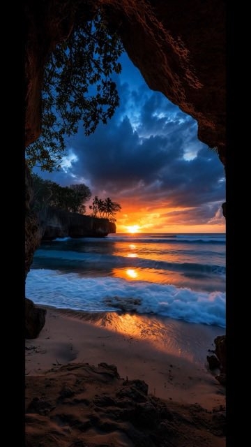 A dramatic seascape photograph framed by a sea cave forming a natural arch