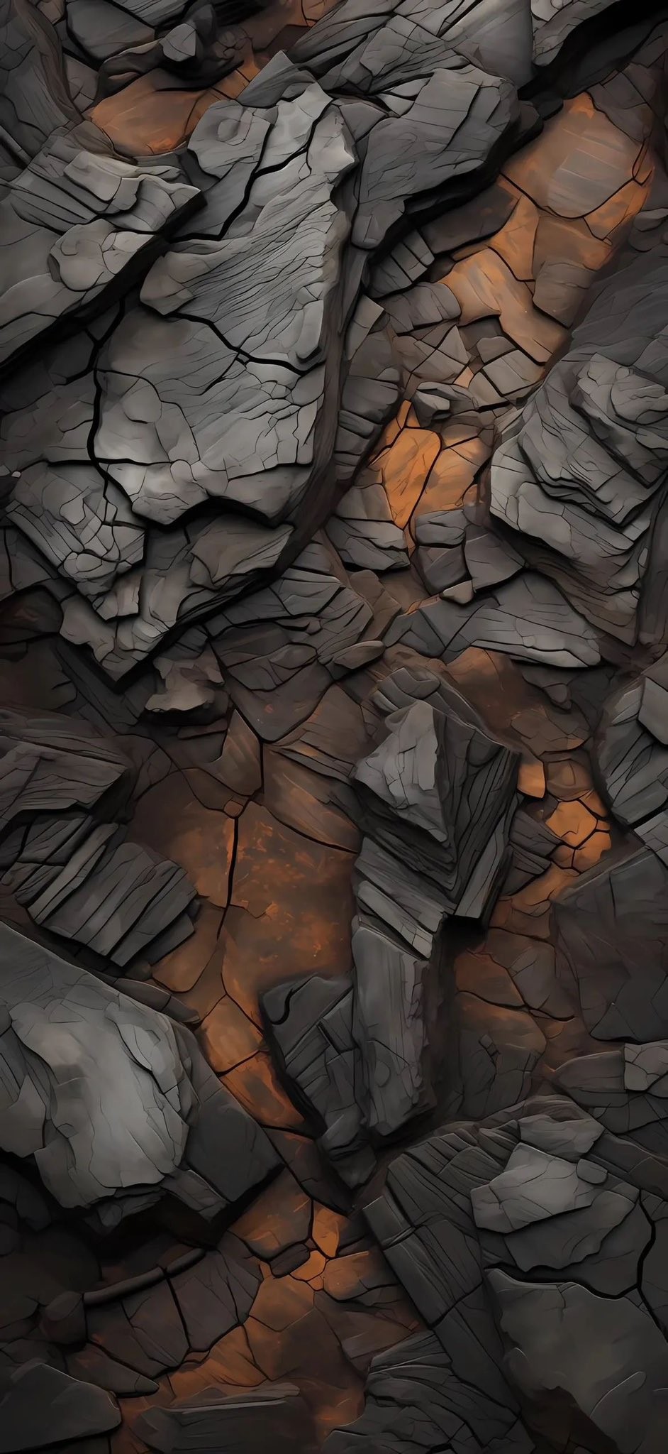 Close-up of shattered rock texture with warm orange light glowing through cracks like magma or fire. Deep gray and charcoal black main tones with orange-brown accents, heavy and rugged. Full-frame composition emphasizing irregular stones and fissure three-dimensionality.