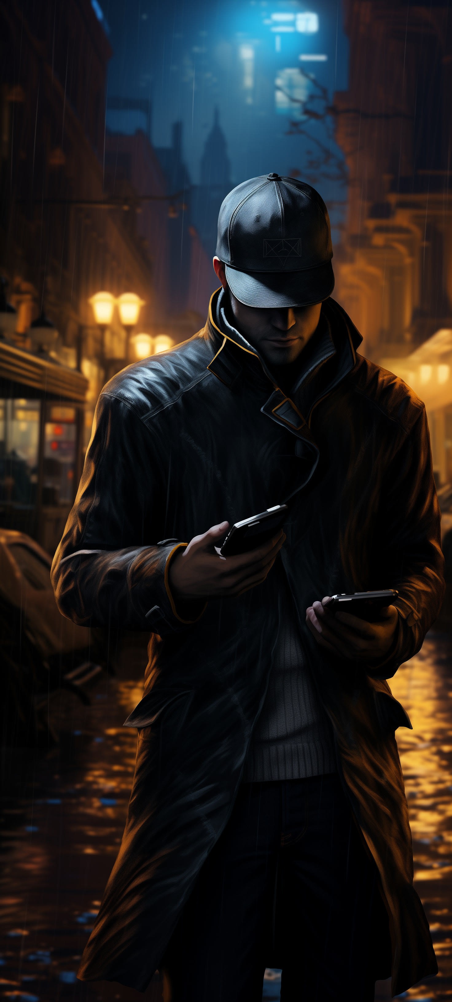 A figure in a dark leather coat and baseball cap stands on a rain-soaked street at night