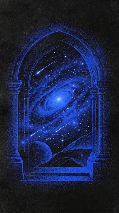 A gothic arch in a vintage illustration reveals the vast universe
