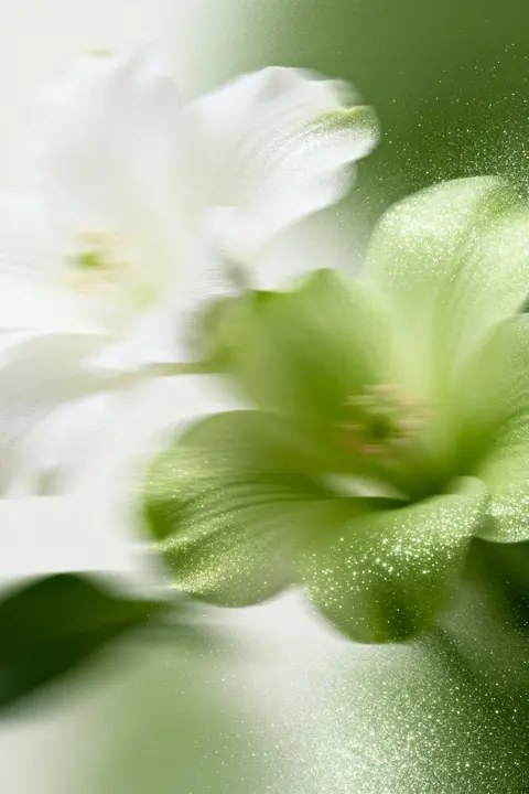 Soft light captures overlapping white and green flowers