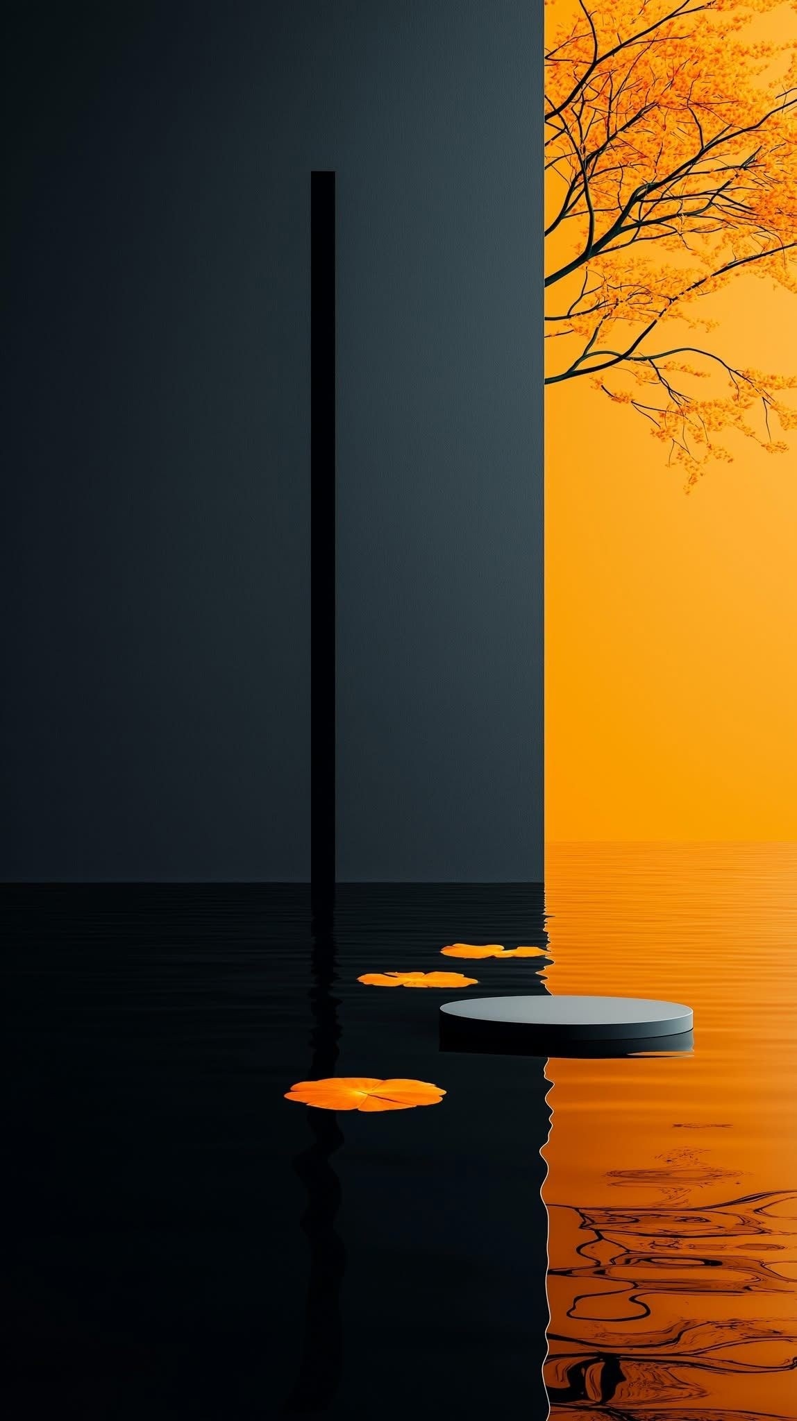 A surreal digital artwork showcasing the contrast between a charcoal-gray wall and a golden-orange space