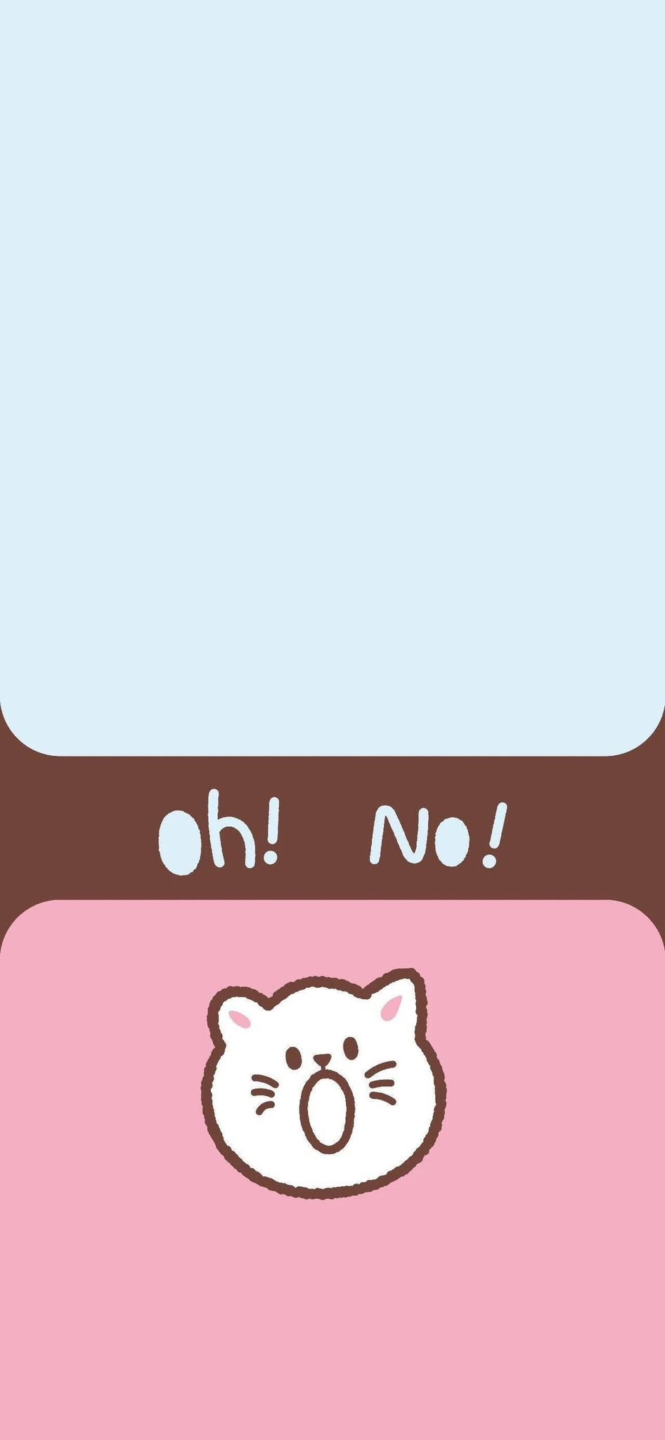 Surprised cartoon white cat with open mouth and handwritten oh! No! text above. Light blue, pink, and dark brown horizontal tri-color bands, soft and bright. Minimal flat illustration, cute and playful. Centered subject with horizontal thirds, text and graphic echoing vertically.