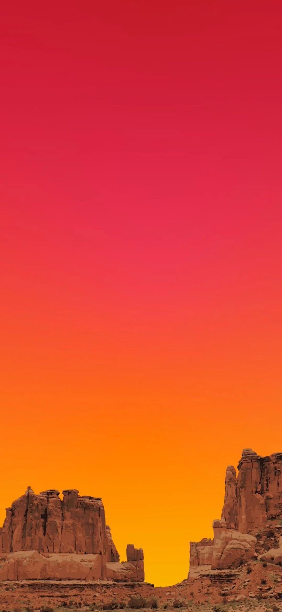 A minimalist desert scene with a vast gradient sky shifting from deep red to vivid orange and yellow near the horizon