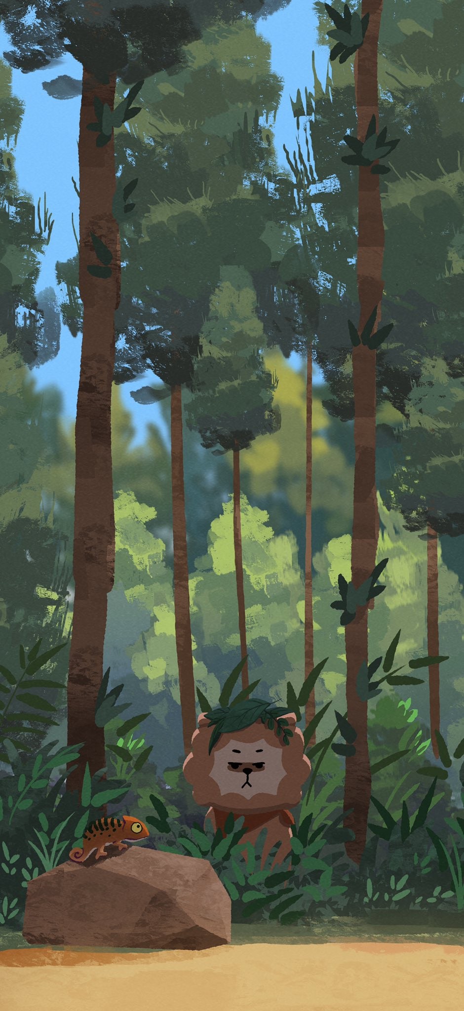 A playful cartoon-style digital illustration depicting a lion and chameleon in a tranquil morning jungle