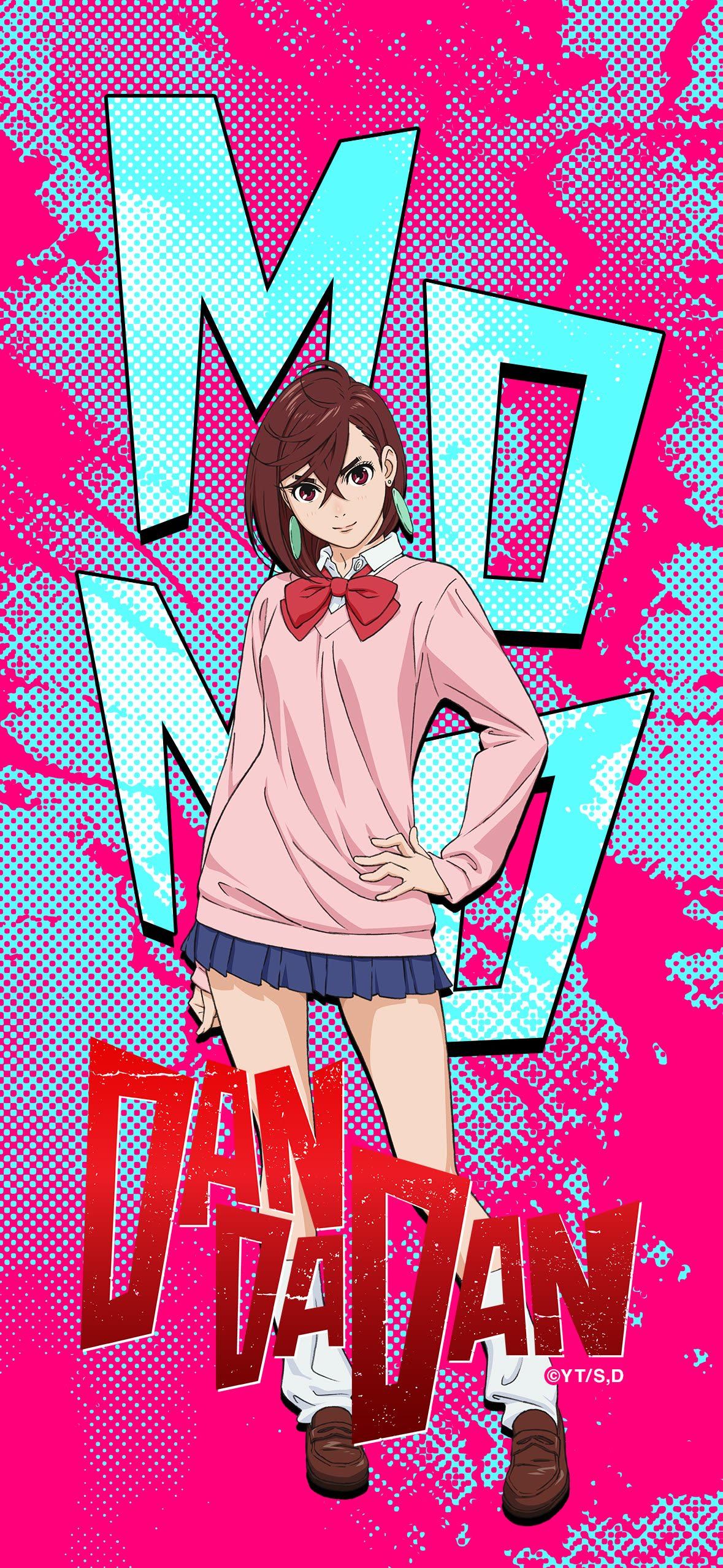 Personaje de anime con suéter rosa y falda azul marino en un fondo magenta brillante