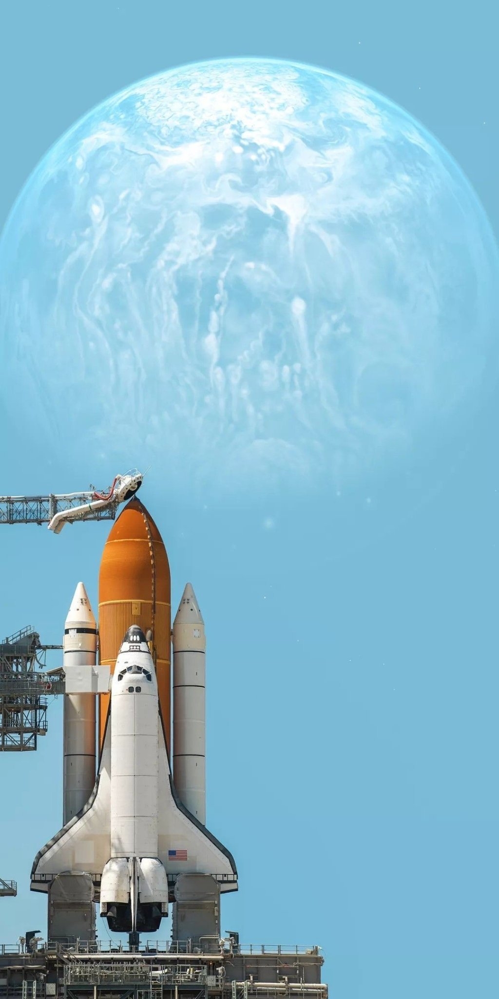 A space shuttle on a launch pad with a massive blue planet above