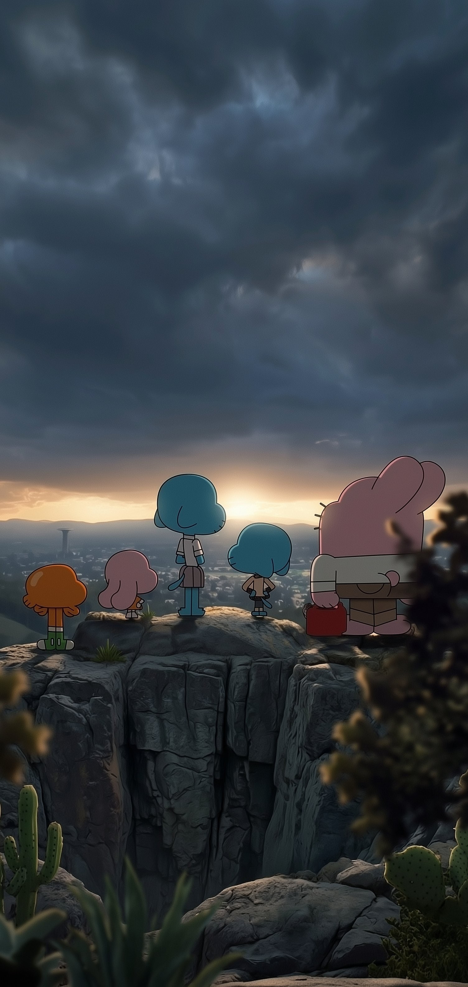 Five characters stand on a cliff watching the sunset, depicting a moment of friendship and reflection