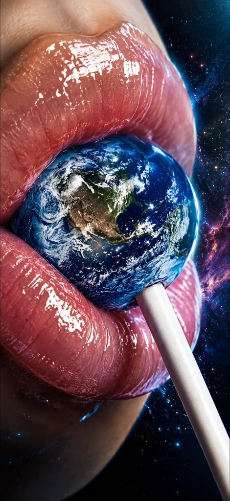 Glossy red lips clenching an Earth-shaped lollipop against a vast starry universe backdrop.