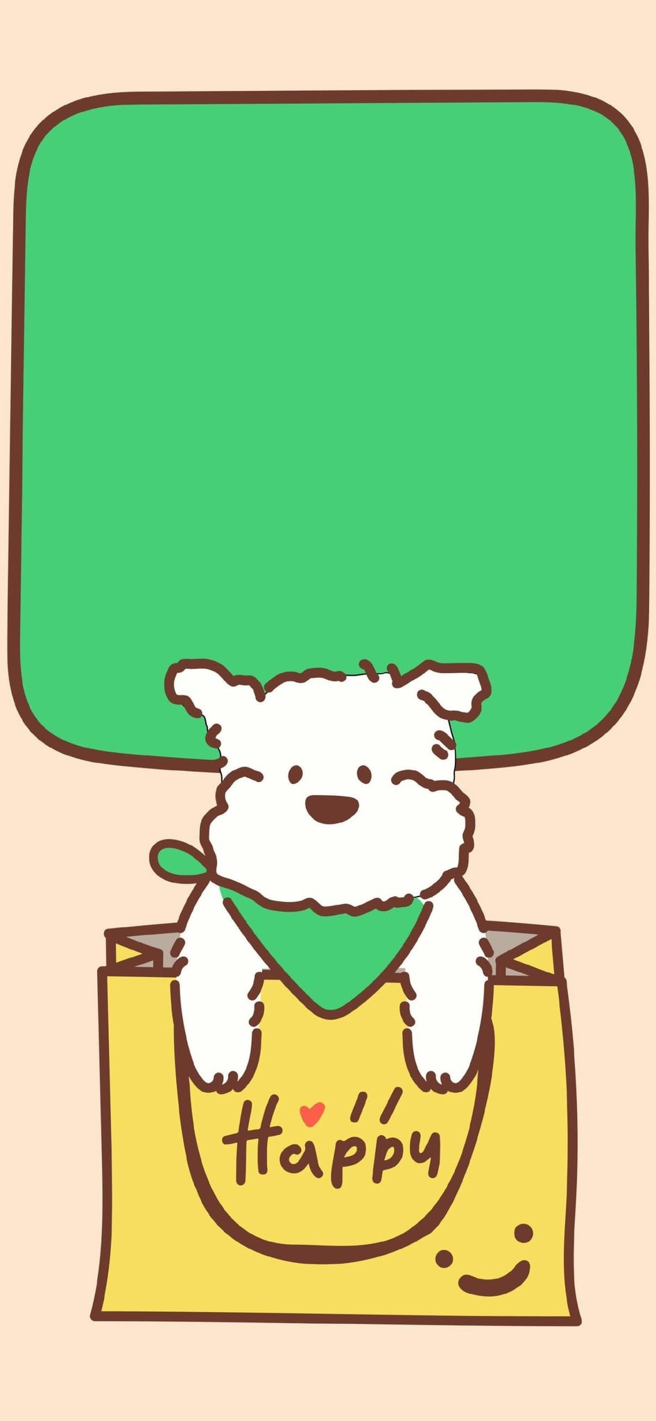 White fluffy puppy peeking from yellow shopping bag with green bandana, green speech bubble above.