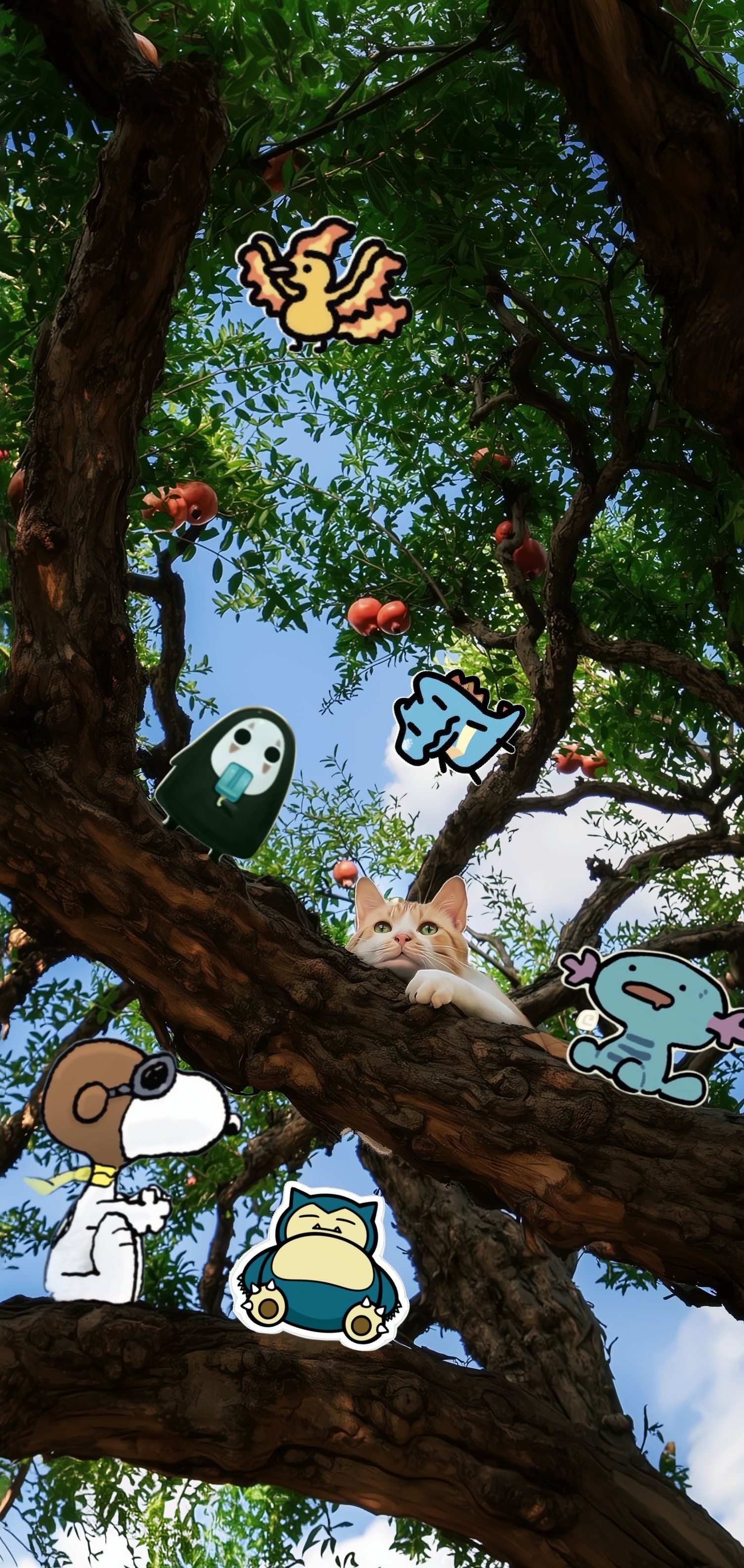 A ginger-and-white cat perches on a tree branch amidst green leaves and red fruit, creating a summer atmosphere