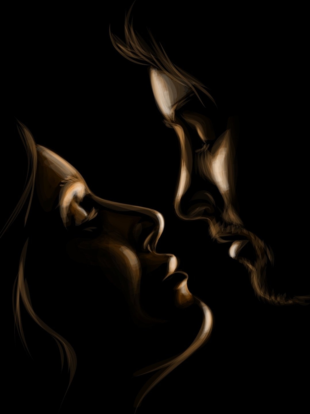 This is a digital painting in contemporary romantic portrait style depicting the profiles of two people just before a kiss, creating a tender and mysterious atmosphere