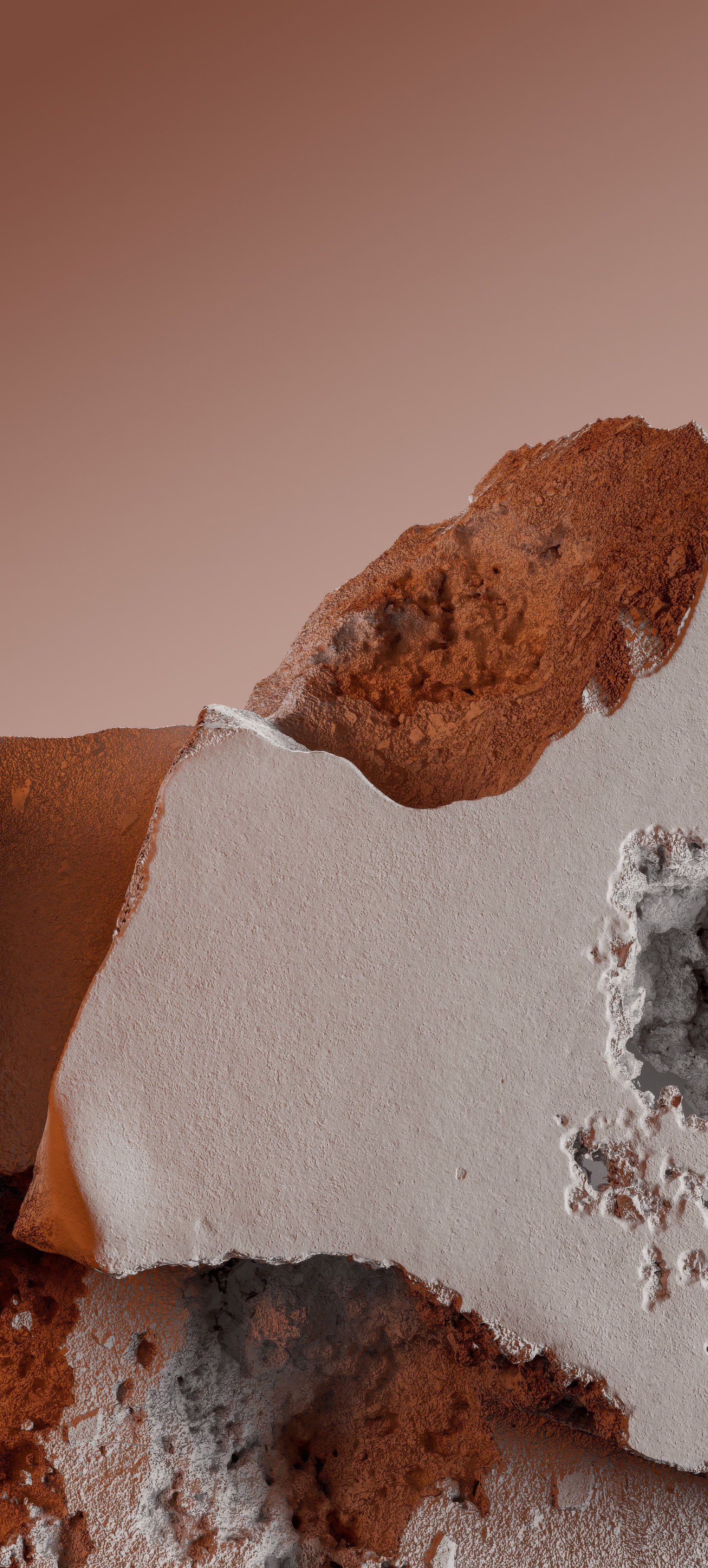 Um close abstrato revela o contraste entre interiores de terracota áspera e superfícies de bege suave