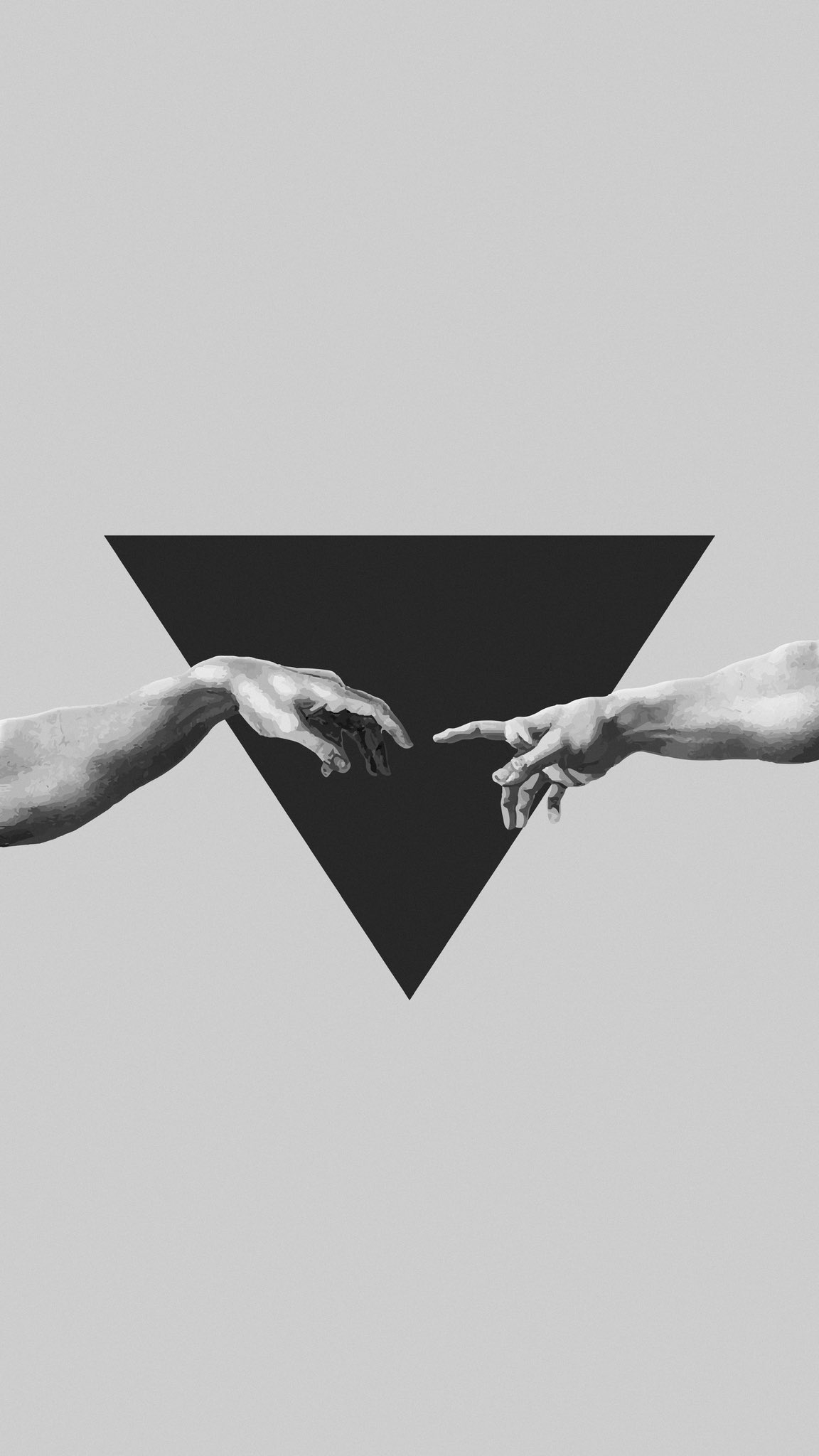 Michelangelo-inspired hands reach towards each other from left and right, with a black inverted triangle at the center.