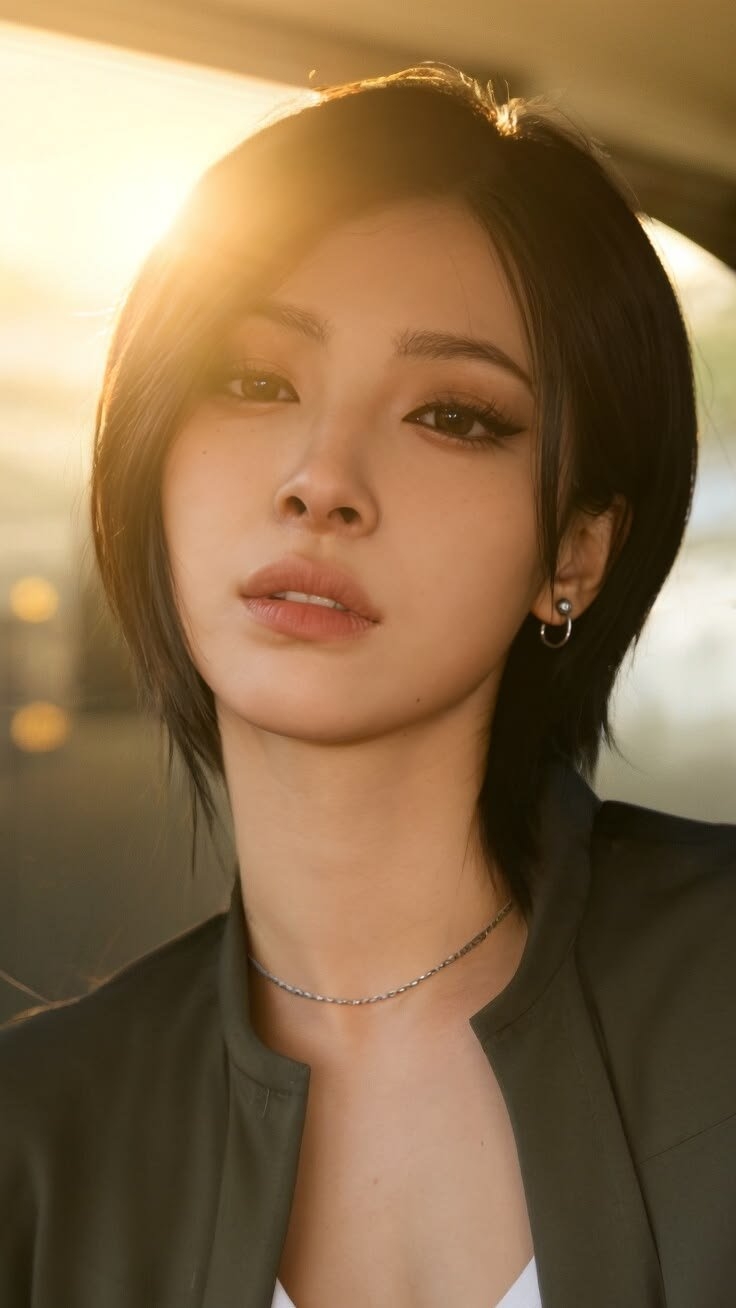 This photograph features a close-up portrait of a woman with short black hair wearing a dark olive jacket