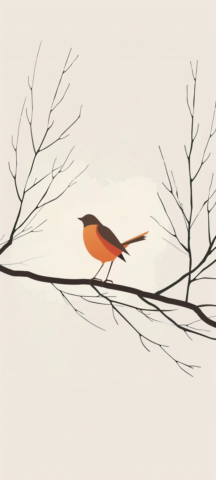 A small bird perches on a slender, leafless branch, showcasing minimalist Eastern aesthetics