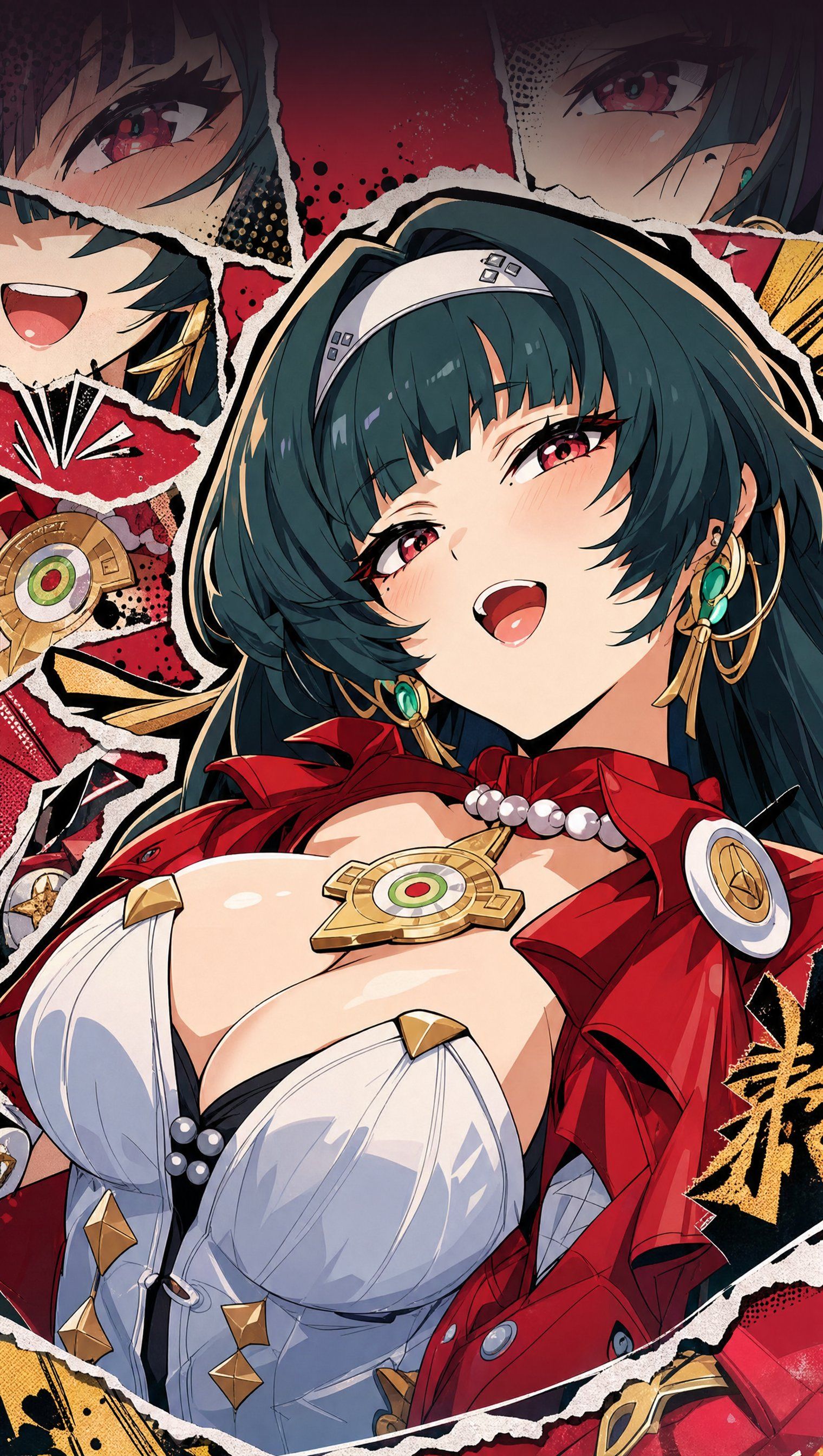 アニメ女性キャラクターは深緑の長髪と赤い瞳、赤と白の服を着ています
