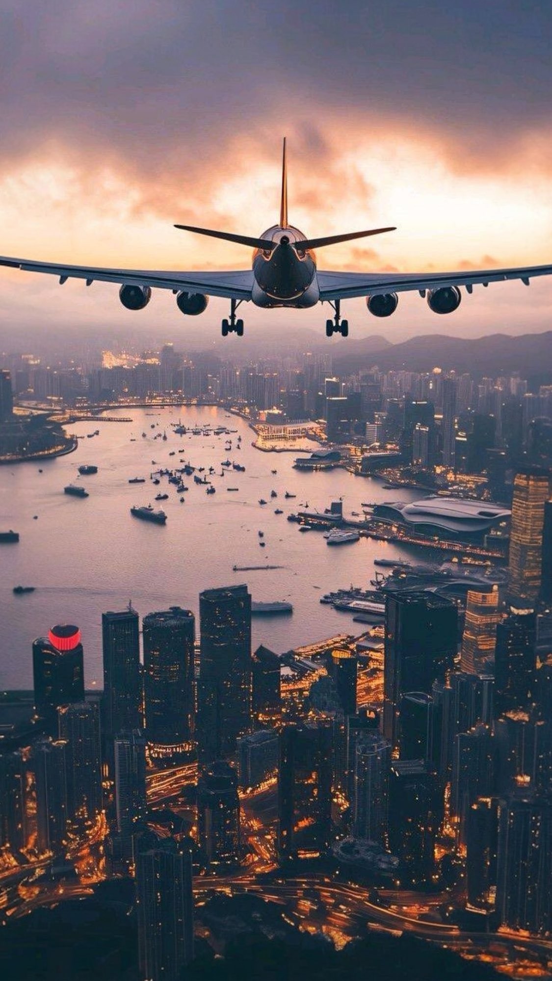 夕暮れ時、大型旅客機が港の街を飛行し、下には摩天楼と曲がりくねった水路があり、昼夜の光が都市の壮大さと薄明かりの柔らかさを作り出している。画面中央に飛行機が位置し、都市の景色が下に広がり、立体感が強い。