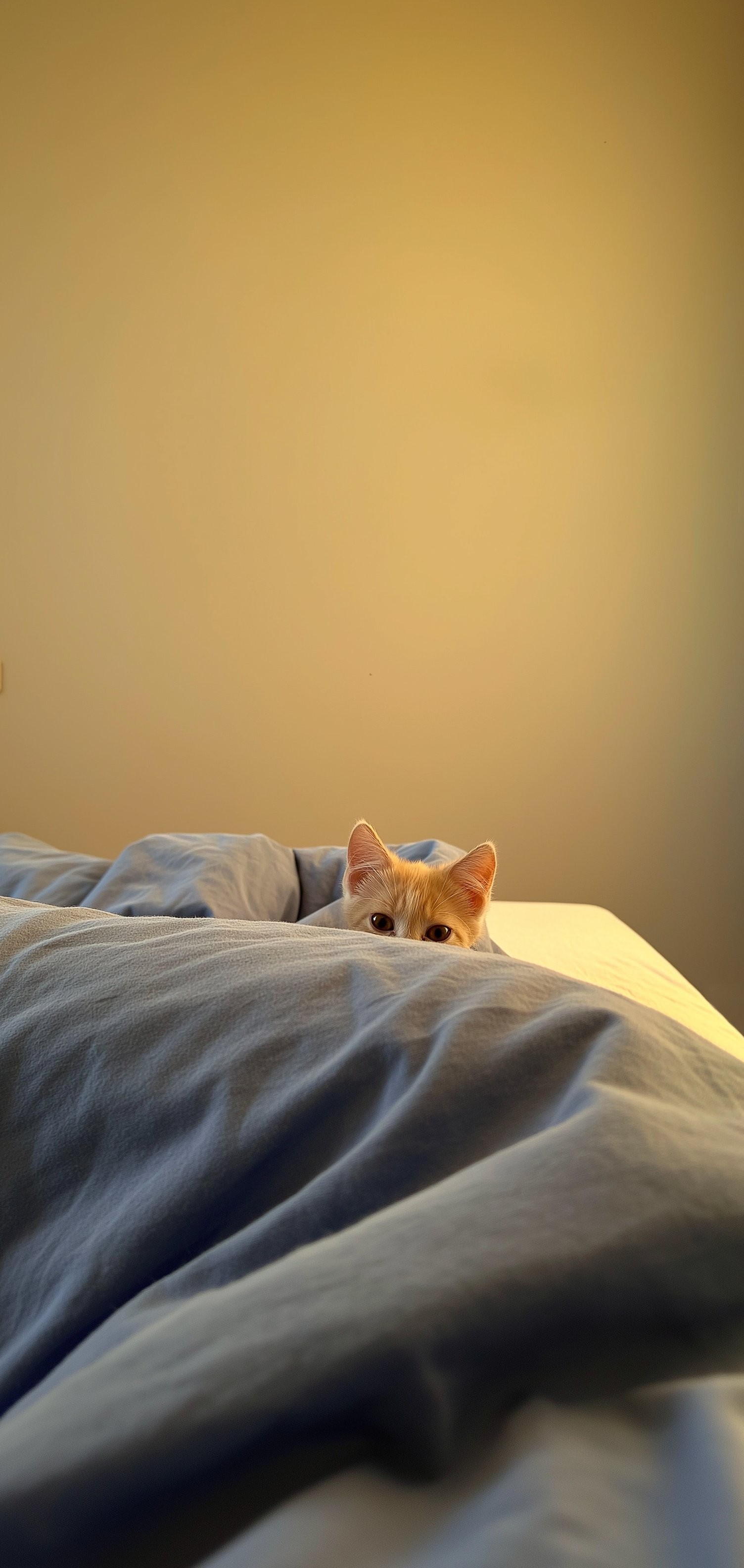 A ginger cat peeks over rumpled blue bedding, creating a warm and cozy atmosphere