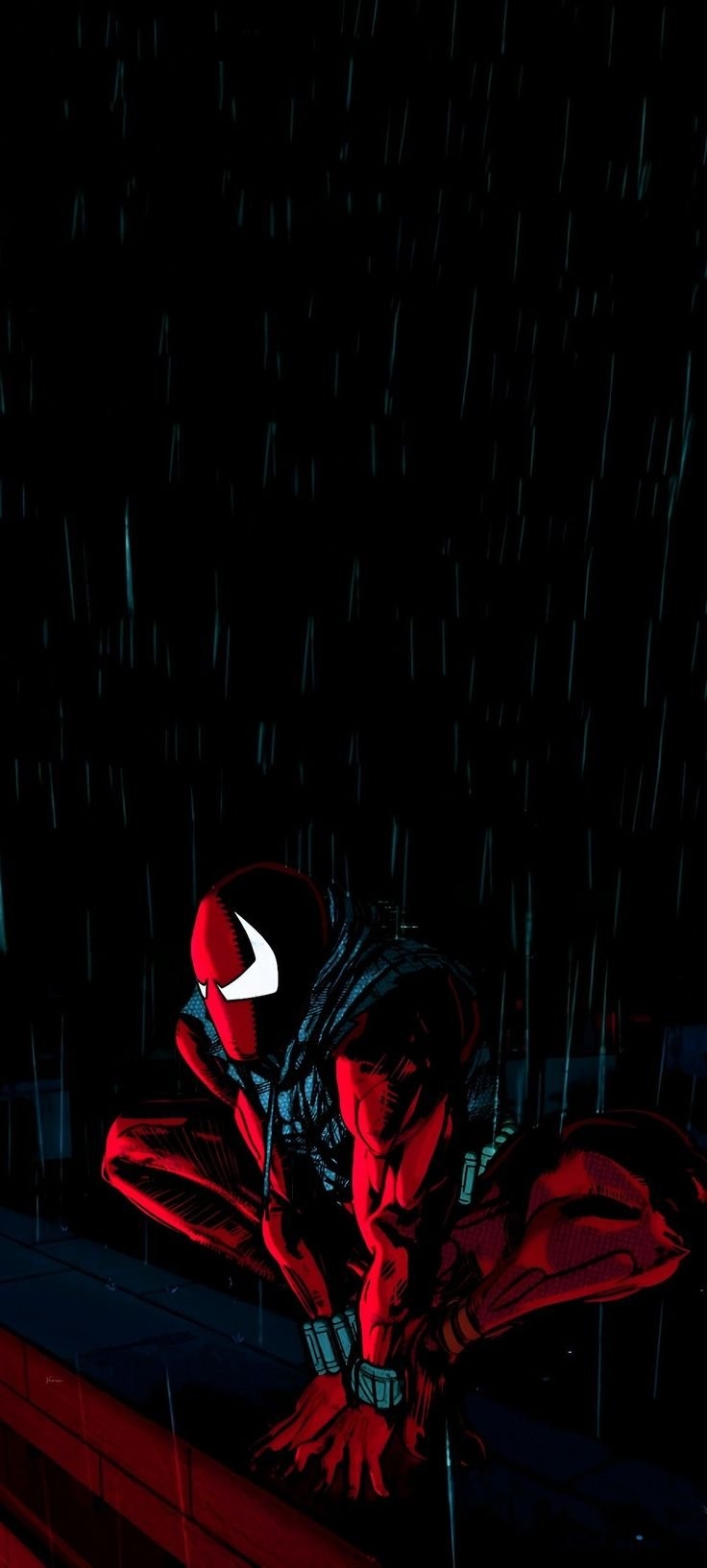 A red-and-black Spider-Man crouched on a rooftop during a rainstorm