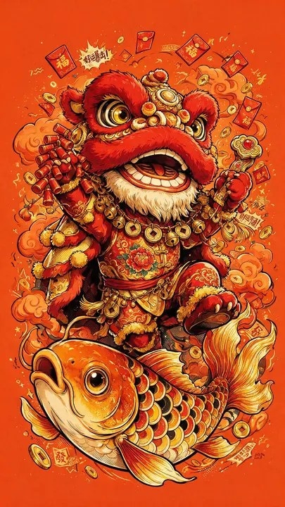 A colorful cartoon lion celebrates the Spring Festival