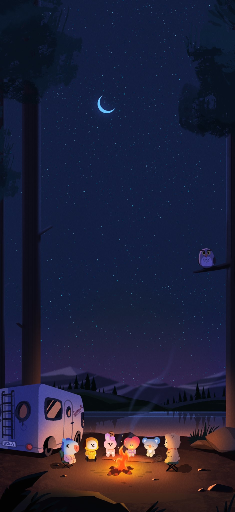 The illustration features a warm night blending character art with outdoor scenery