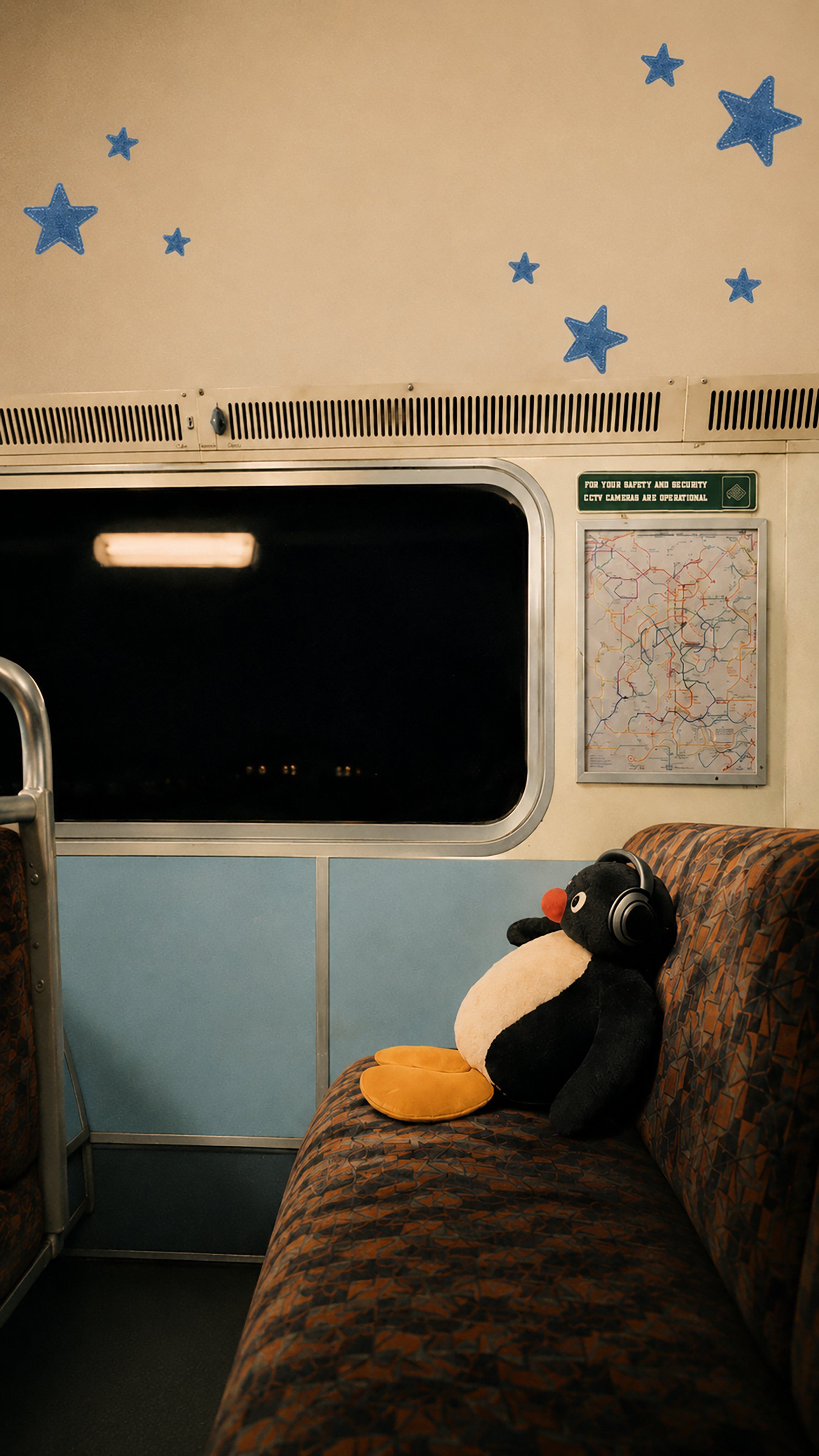 A warm yet slightly melancholic retro train carriage interior