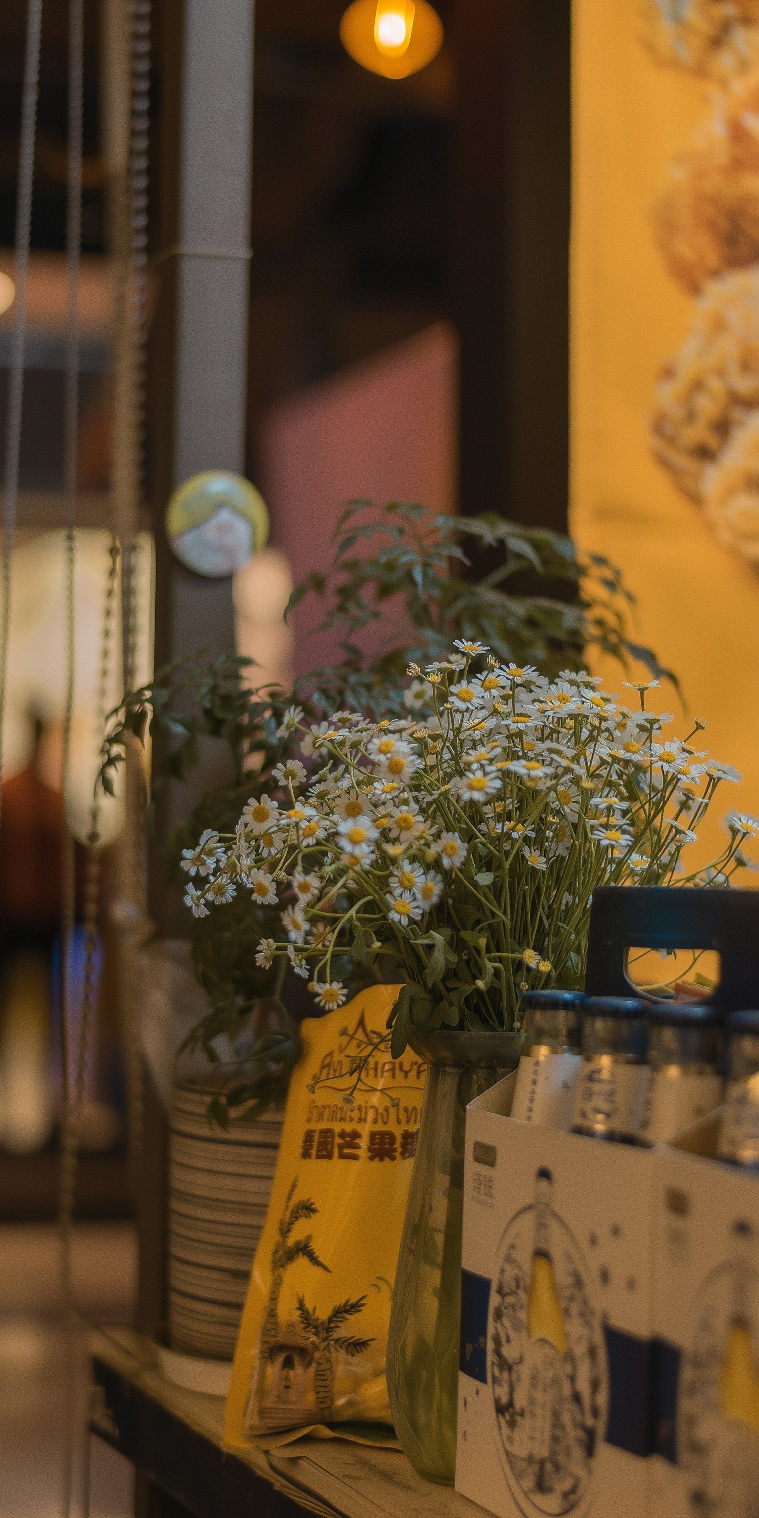 This image depicts a cozy café interior scene centered on a vase of white daisies