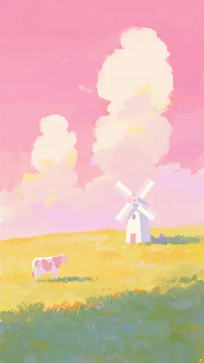 Une illustration numérique apaisante représente un vaste paysage rural avec une vache tachetée de rose et de blanc