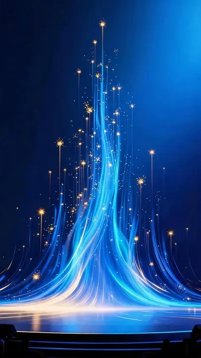The tower of light ascends against a deep blue-black background