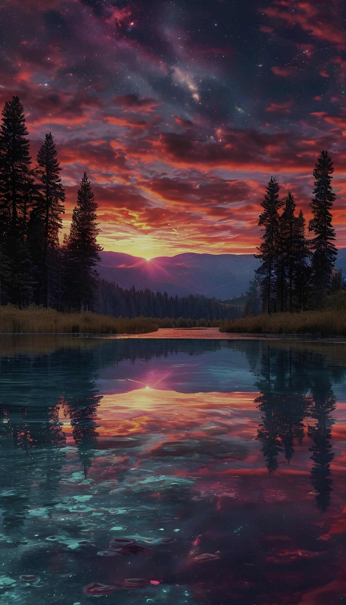 Lake pine forest and distant mountains under starry sky reflecting aurora and galaxy