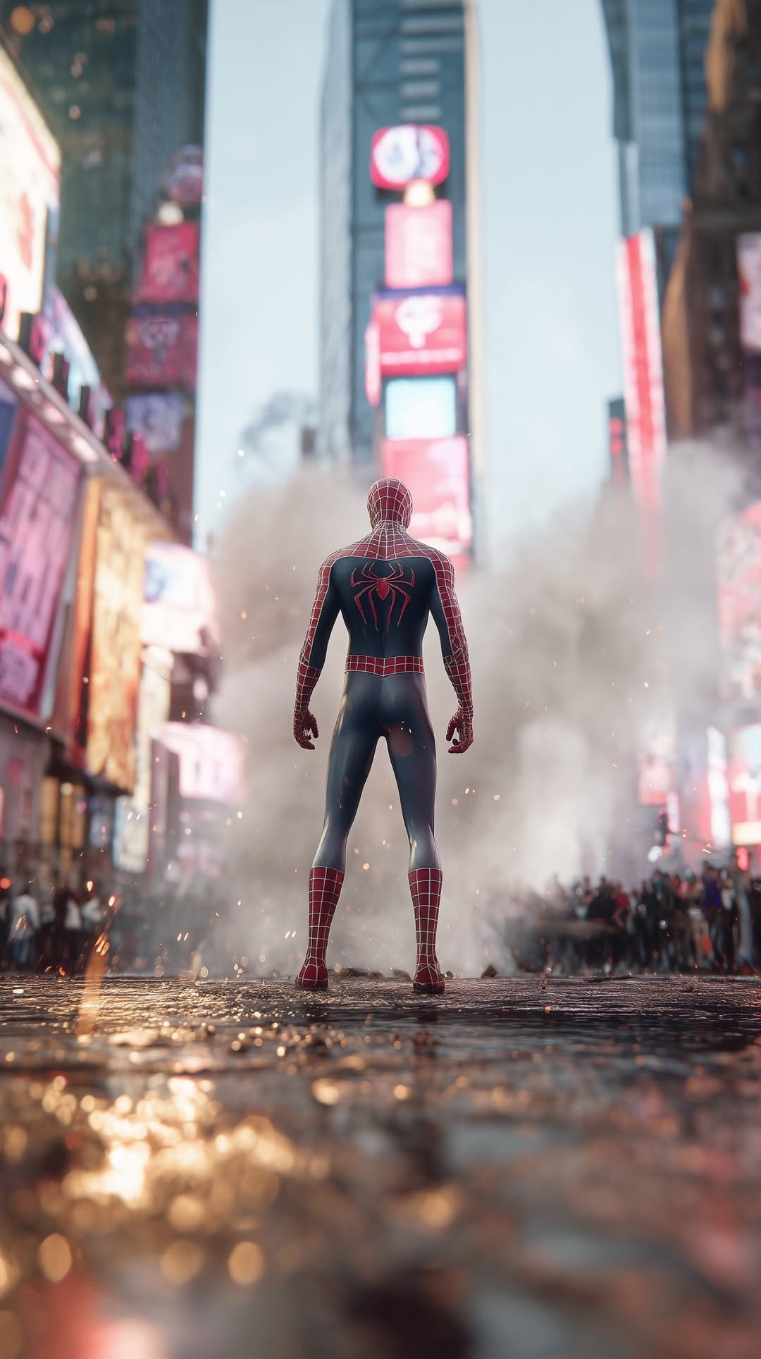 Spider-Man está de pie en el centro de una brillante calle urbana