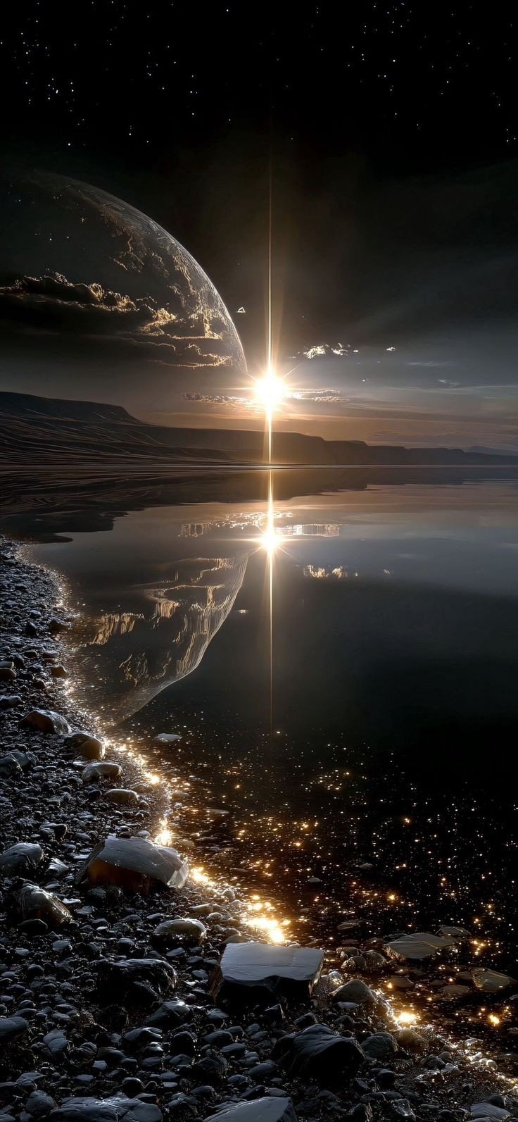 A sweeping science-fiction landscape featuring a colossal planet and a radiant star