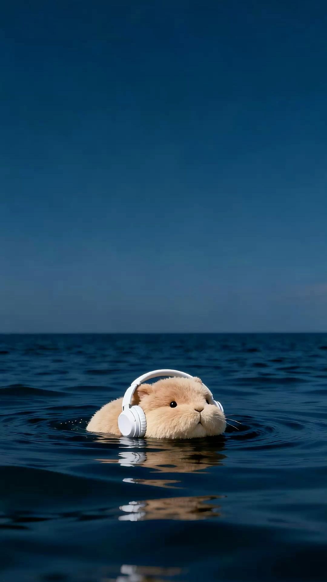 A fluffy creature resembling a hamster wearing oversized white headphones is partially submerged in a calm ocean