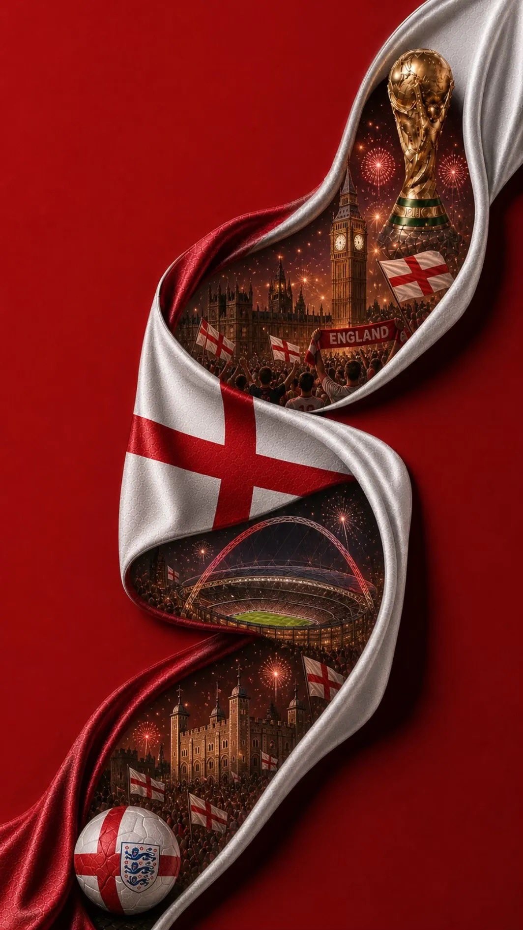 England flag as flowing ribbon featuring Big Ben Wembley Stadium World Cup trophy and celebrating crowd